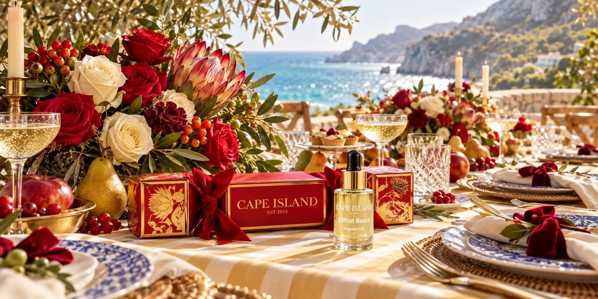 A long Christmas lunch table by the sea, set with Cape Island candles and crackers