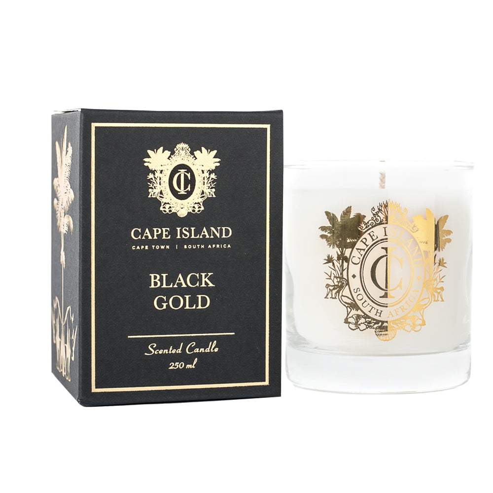 250ml Black Gold Classic Candle. Fragrance Description: Black Gold where gourmand notes of aniseed, black cherry and rum give way to the pull of lingering tobacco and rich oud